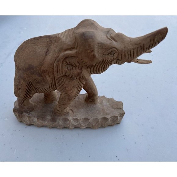 Vintage Hand Carved Wooden Elephant Statue Figurine Rare Trunk Up Good Luck - Picture 2 of 12